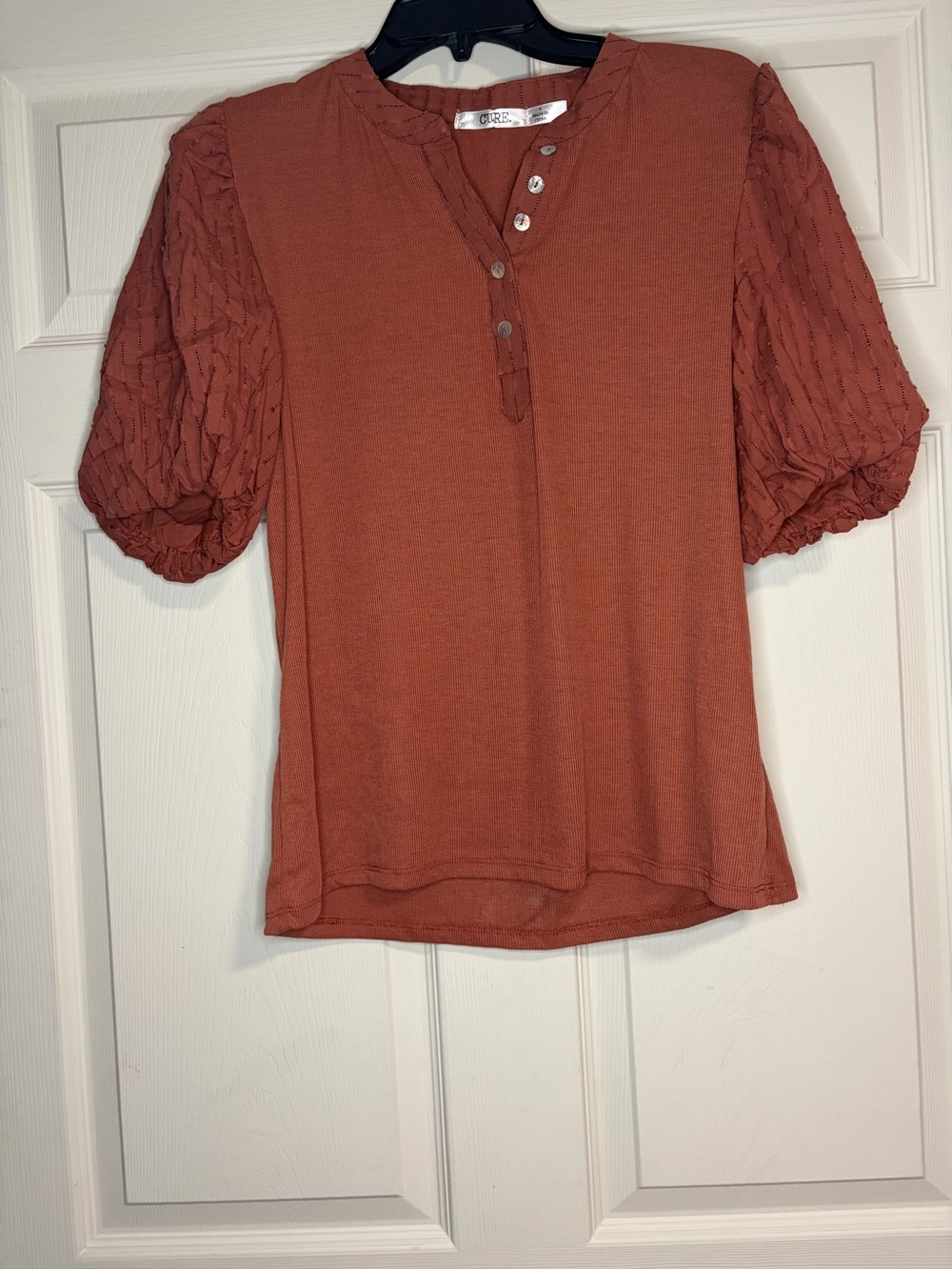 Puff Sleeve Henley Blouse in Rust